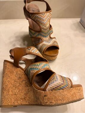 Lucky Wedge Sandals in Tan Multicolor Braided Raffia - Ladies Platform Heels